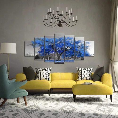 Vista 4 de KREATIVE ARTS Lienzo extra grande para paredes del hogar, 7 piezas, arte de pared, árbol azul, paisaje, blanco y negro, enmarcado y estirado