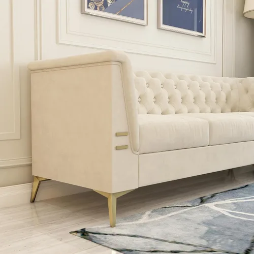 Vista 6 de Sofá de terciopelo beige moderno Mid-Century con patas de metal dorado, sofás Chesterfield de 3 plazas para sala de estar, dormitorio, apartamento