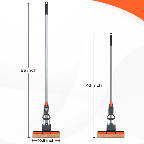 Vista 6 de Trapeadores de esponja para limpieza de pisos con 2 recargas de cabezal de mopa de celulosa y mango largo de 55”, trapeador de rodillo resistente