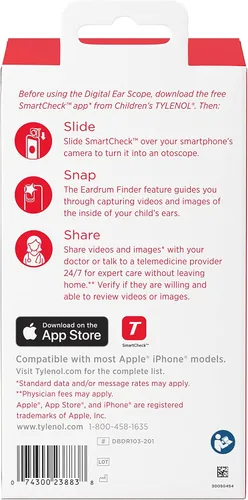Vista 9 de Tylenol SmartCheck 2.0 Digital Ear Scope para niños de Tylenol, otoscopio con luz para iPhone y Android, cámara auditiva; incluye 1 abrazadera