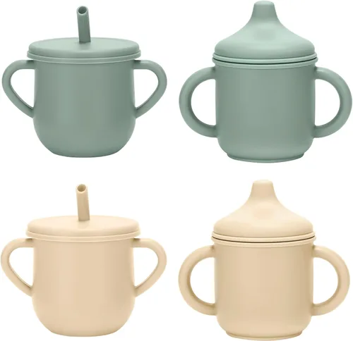 Vista 8 de Juego de tazas de silicona para niños pequeños, 2 tazas con popote y 2 tazas para bebés de 6 meses, tazas de entrenamiento a prueba de derrames a