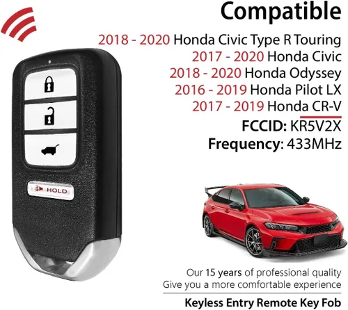 Vista 2 de Repuesto para Honda Civic Odyssey Pilot LX CR V 2017 2018 2019 2020 Control remoto KR5V2X 4 botones 433MHz