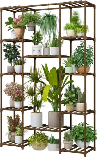 Vista 11 de Bamworld - Soporte para plantas con ruedas de madera para interior y exterior, estante para múltiples plantas con 11 macetas, soporte alto y grande