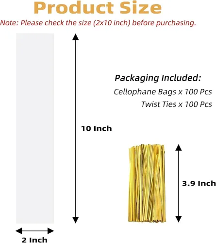 Vista 2 de 100 bolsas de celofán planas transparentes de 2 x 10 pulgadas, bolsas de celofán largas cubiertas de chocolate, bolsas de barras de chocolate