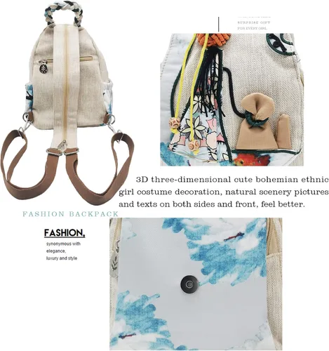 Vista 147 de HUANGGUOSHU Mochila de algodón tejida de algodón bohemio con bordado de lona estilo bohemio con múltiples bolsillos retro linda mochila cartera