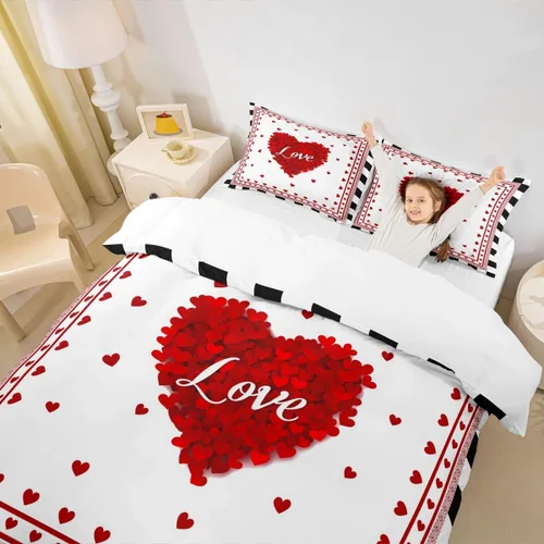 Vista 4 de Manfei Juego de funda de edredón de amor tamaño individual, funda de edredón con estampado de corazón rojo con 1 funda de almohada, juego de ropa