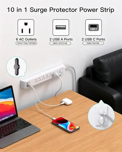 Vista 2 de Paquete de 2 regletas de alimentación, cable de extensión de 3 pies, protector de sobretensiones con 6 tomas de corriente y 4 puertos USB (2 USB C)