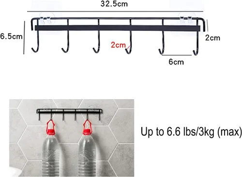 Vista 2 de Paquete de 2 ganchos de pared para colgar abrigos, sombreros, estante negro con 6 ganchos para tazas de café y tazas, soporte para llaves, soporte