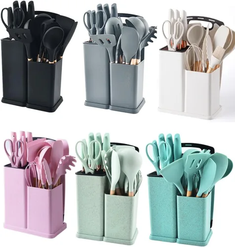 Vista 3 de Juego de utensilios de cocina y cuchillos de 19 piezas con bloque, 9 piezas de utensilios de cocina de silicona, 5 piezas afiladas de acero Beige