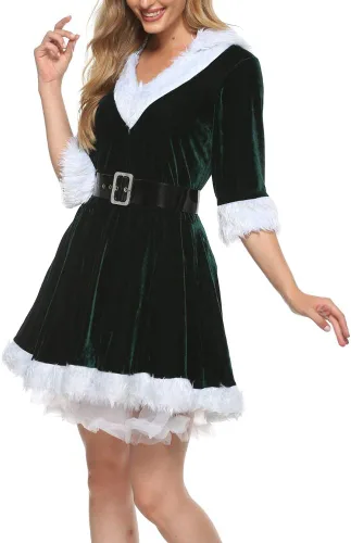 Vista 5 de Wrrkayly Disfraz de Papá Noel para mujer, de terciopelo, con capucha, vestido de Navidad, sexy, juego de rol, cosplay, vestido de fiesta