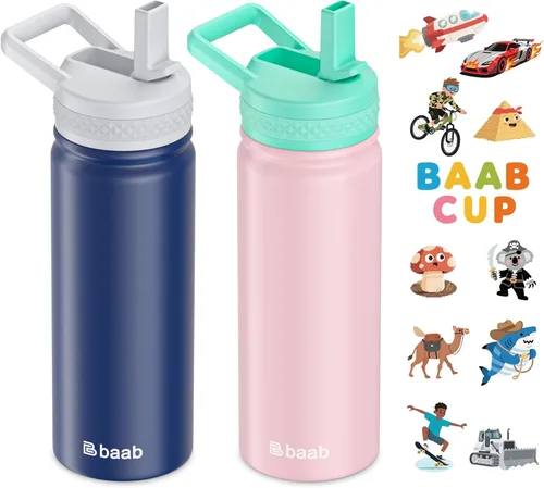 Vista 8 de baab Botella de agua para niños de 18 onzas, botella de agua aislada con popote y calcomanías, taza con popote de agua para niños de acero