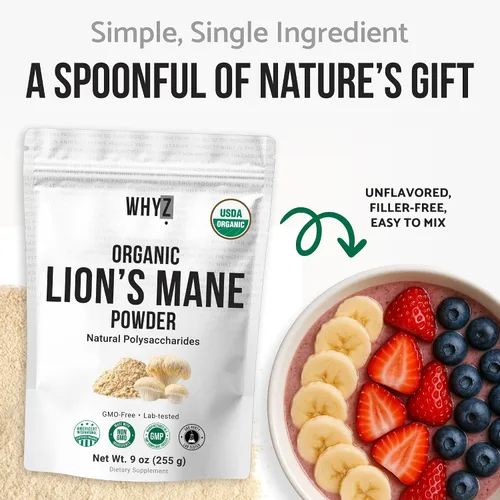 Vista 5 de Polvo orgánico de hongo de melena de león en polvo para cuerpo fructífero, superalimento liofilizado, polisacáridos naturales sin sabor