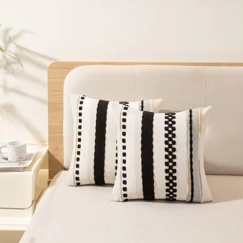 Vista 5 de Fundas de almohada decorativas estilo bohemio de 18x18, juego de 2, para sofá, cama, fundas de cojín cuadradas a rayas para granja, fundas
