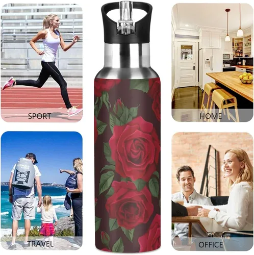 Vista 5 de Botella de agua con mango de pajilla, rosa roja aislada al vacío, termo de acero inoxidable, botella de agua, a prueba de fugas, taza de café
