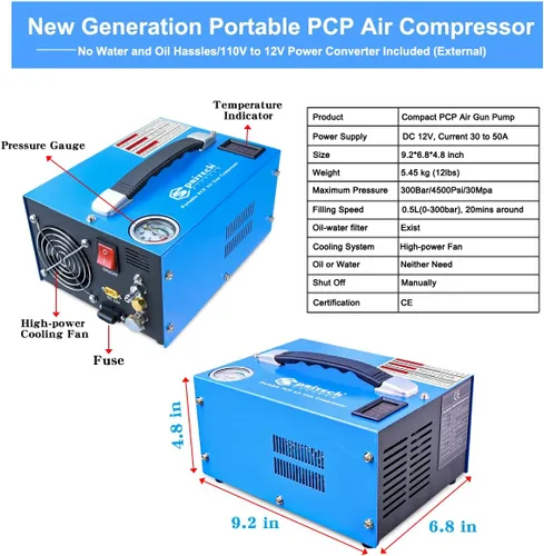 Vista 6 de Compresor de aire PCP, portátil de 4500 Psi/30 Mpa, sin agua/aceite, rifle PCP/pistola y bomba de aire de tanque de paintball, alimentado por 12 V