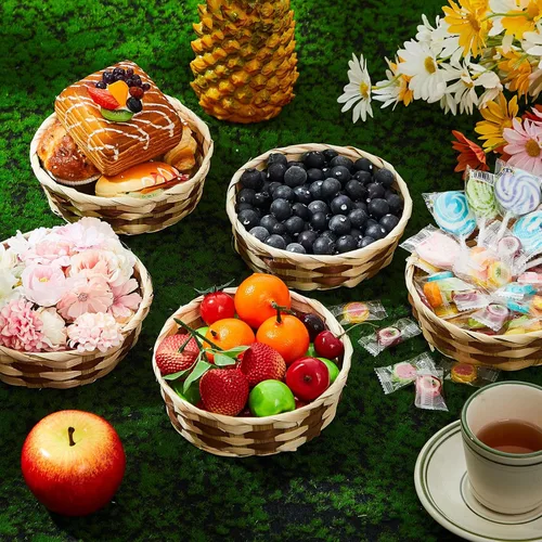 Vista 3 de Sintuff Paquete de 1 cesta redonda tejida de regalo, canastas de bambú para decoración, de mimbre, tortilla, pan, fruta, apilable