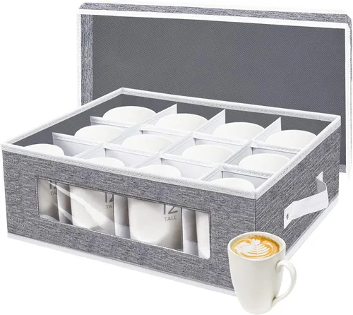 Vista 10 de homyfort Paquete de 2 cajas de almacenamiento de tazas con divisores, contenedores de almacenamiento de tazas de China, organizador de carcasa dura