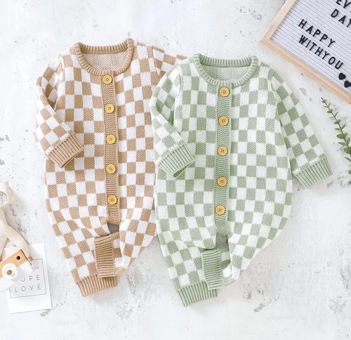 Vista 3 de Mameluco de punto unisex para bebé, niña, niño, overol de punto a cuadros, de una pieza, suéter con botones