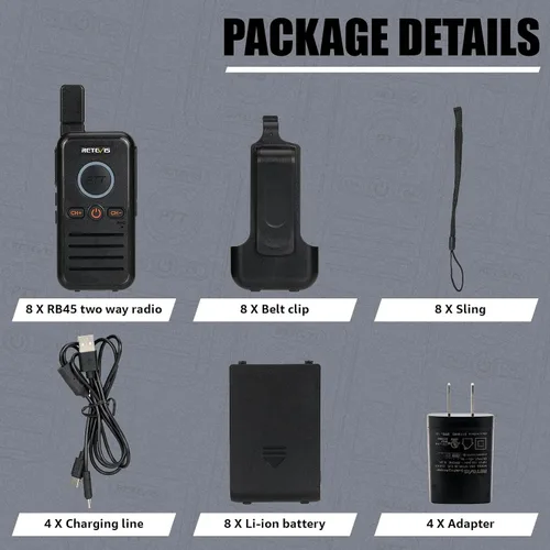 Vista 9 de Retevis RB45 Walkie Talkies - Paquete de 8 unidades, radio bidireccional recargable de largo alcance, doble PTT, indicador, sonido fuerte, mini