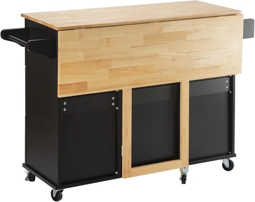 Vista 9 de Isla de cocina con mesa de madera de goma extensible, carrito de servicio móvil para microondas con estante de especias y asa, carrito grande