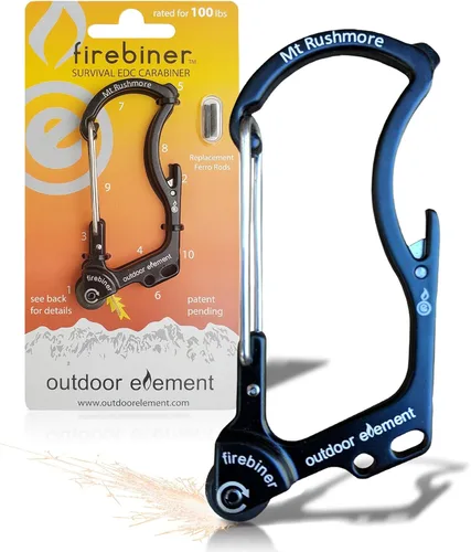Vista 8 de OUTDOOR ELEMENT Firebiner Custom Engraved 6-in-1 Fire Starter Carabiner Multitool – Survival Gear EDC Keychain with Utility Blade, Bottle Opener