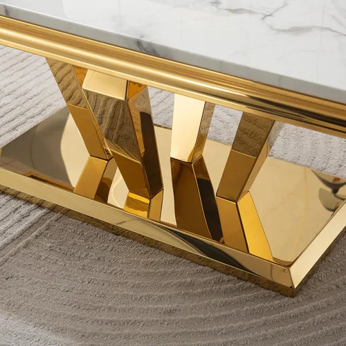 Vista 6 de SSLine Mesa auxiliar rectangular de mármol sintético para sala de estar, moderna mesa central de mármol blanco de lujo con base de diamante dorado