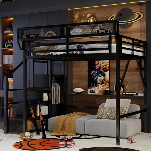 Vista 9 de Mirightone Cama elevada de tamaño completo con escaleras, camas elevadas de metal, estructura de cama elevada con estantes de almacenamiento, cama