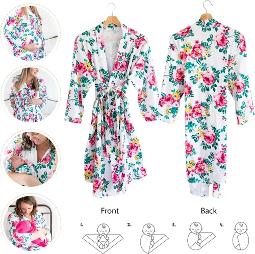 Vista 3 de RNOONY Mommy and Me Robe and Swaddle Set, Maternity Robe for Hospital-Delivery, Mom and Baby Matching Outfits Hospital