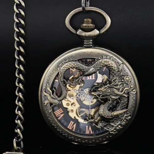 Vista 2 de Men's Mechanical Hollow Dragon Design Hand Wind Pocket Watch Roman Numerals Steampunk with Chain Box Cus-PJX1346-bronce negro