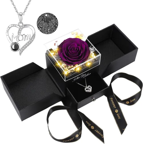 Vista 15 de Collar de rosas reales preservadas azules en caja con texto "I Love You" en 100 idiomas - Regalo único para mujeres, mamá, esposa, novia en el día