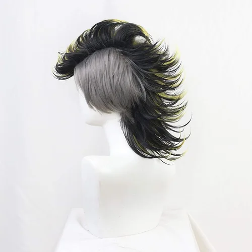 Vista 4 de SYIBOO Shinazugawa Genya Cosplay Pelucas Anime Kimetsu No Yaiba Peluca de pelo de fibra de alta temperatura estilo negro y amarillo