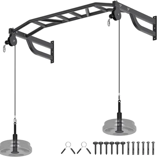 Vista 8 de SELEWARE Barra de dominadas de alta resistencia de 48 pulgadas, soporte de pared, barra multifunción con sistema de polea de cable de gimnasio