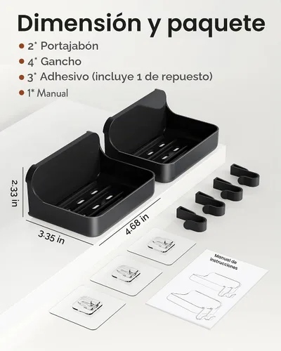 Vista 5 de Orimade Jabonera de montaje en pared con 4 ganchos, jabonera transparente autoadhesiva sin taladrar para ducha y baño, drenaje rápido a prueba