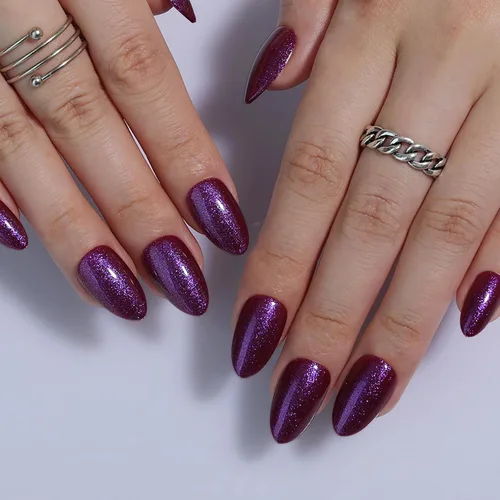 Vista 11 de Uñas postizas rojas de tamaño mediano en forma de almendra, uñas acrílicas brillantes con diseño de purpurina, uñas artificiales de cobertura a001