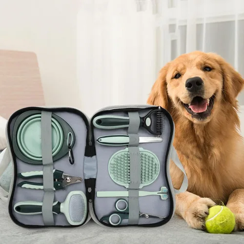 Vista 4 de Luocute Juego de 8 piezas de aseo para perros y gatos, cepillo de baño profesional con rastrillo para cortar uñas, cepillo de dientes, bolsa