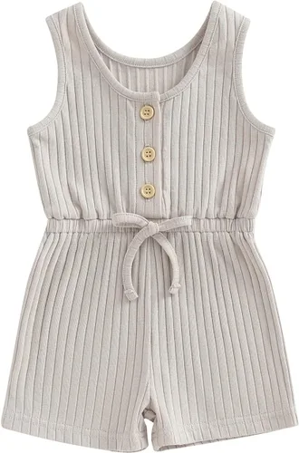 Vista 50 de Traje de verano para niña pequeña, de manga corta, acanalado, overol liso, pantalones cortos, ropa para recién nacidos