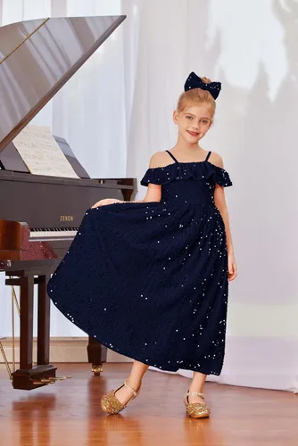 Vista 4 de GRACE KARIN Vestido de niña con hombros descubiertos y lentejuelas brillantes con nudo de lazo, 6-12 años