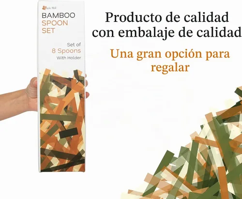 Vista 8 de Cucharas de bambú para cocinar - Juego de 8 cucharas con soporte - Cucharas de cocina de madera - Utensilios de cocina de bambú no tóxicos
