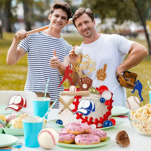 Vista 8 de Juego de 26 decoraciones de pastel de béisbol con mini bolas, jugador, gorras, guantes, murciélagos, adornos de pastel de cumpleaños de béisbol