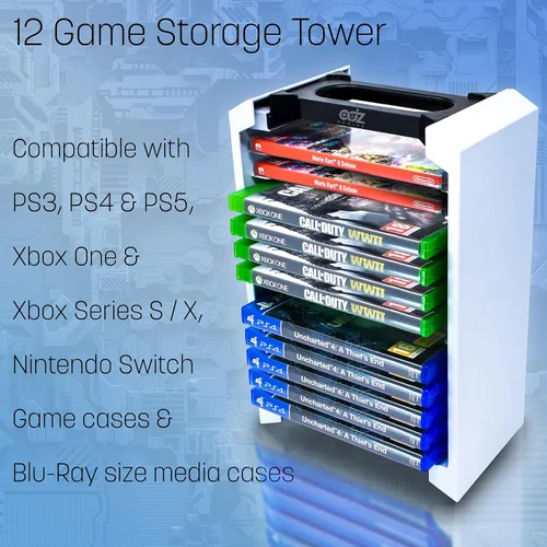 Vista 2 de Game Storage Tower – Universal Video Game Storage – Stores 12 Game or Blu-Ray Disks – Game Holder Rack for PS4, PS5, Xbox One, Xbox Series X/S