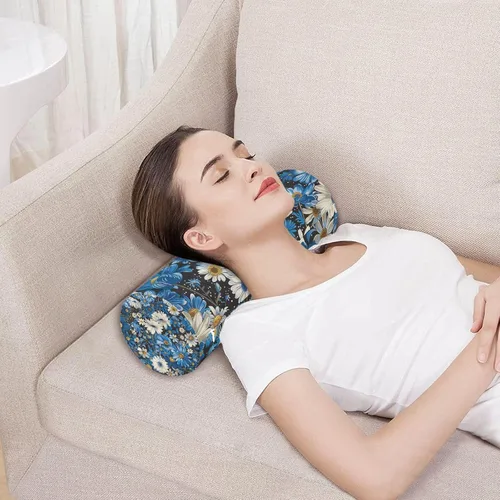 Vista 5 de Blue White Flowers Neck Pillow for Sleeping, Cervical Roll Memory Foam Pillows for Neck Pain Relief, Neck Support Round Pillows with Washable Cover