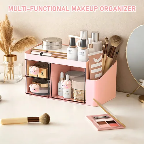 Vista 5 de SAYEEC Organizador de escritorio con 3 cajones, organizador de maquillaje multifuncional con 5 compartimentos, soporte de plástico para lápices
