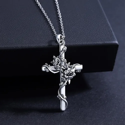 Vista 3 de Cross necklace 925 Sterling Silver Rose Crose Pendant Necklace Cross Necklace for Women (A-Rose Cross Necklace)