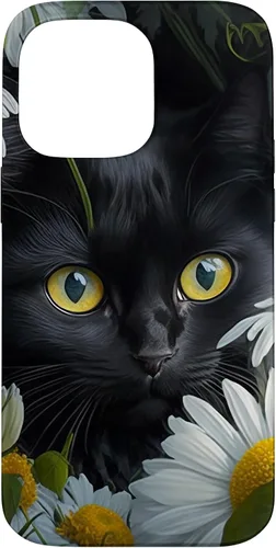 Vista 21 de iPhone 16 Black Cat with Daisies – Enchanting Floral Design Case