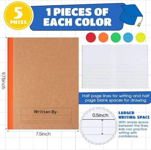 Vista 3 de Henoyso Paquete de 5 cuadernos de composición primaria, 9-3/4 x 7-1/2 pulgadas, diario primario para niños, cuaderno de escritura K-2 para niños