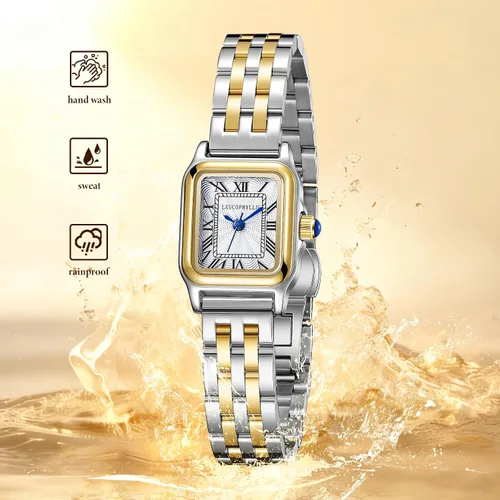 Vista 8 de Relojes pequeños de oro para mujer con funda rectangular vintage, esfera romana clásica, banda de acero inoxidable resistente al agua con cadena