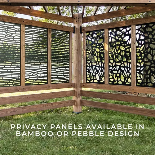 Vista 3 de Pérgola de cabana de Backyard Discovery en estilo Toscana con paneles de privacidad de guijarro y asientos para charlar en pómez