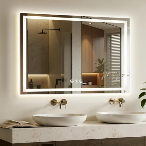 Vista 19 de Espejo de baño LED de 16 x 24 pulgadas con luces, antiniebla, retroiluminado + luz frontal, espejo de tocador de baño iluminado para pared, función