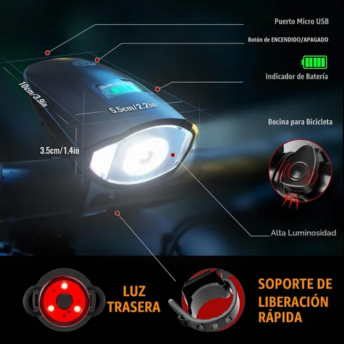 Vista 2 de Juego de luces de bicicleta con bocina 1400LM USB recargable faro de bicicleta y luz trasera y bocina impermeable 3 modos de iluminación se adapta a