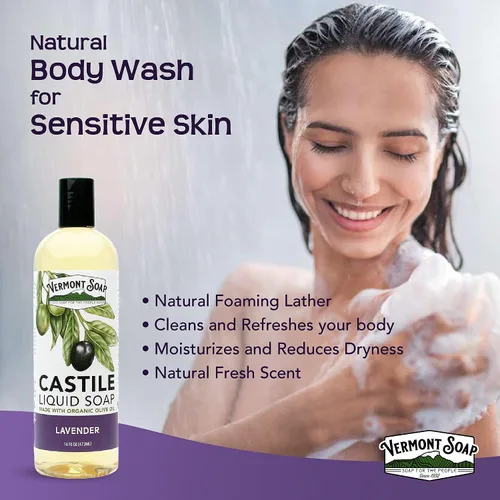 Vista 3 de Vermont Castile Jabón Lavanda, jabón líquido suave para pieles sensibles y gel de baño natural, champú orgánico para cabello graso, aloe castilla